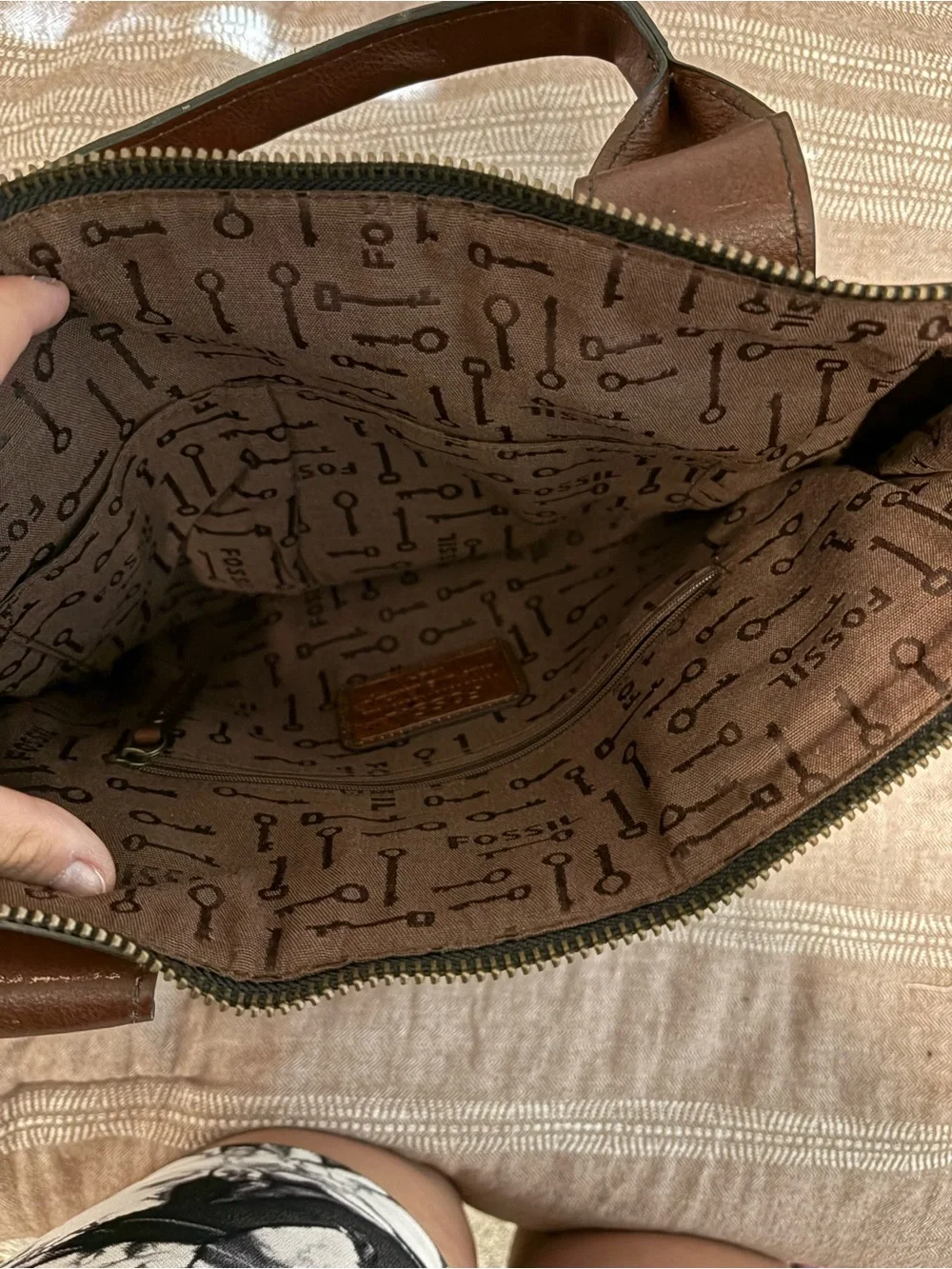 Fossil Brown Leather Shoulder Bag with Multicolor Woven Panels